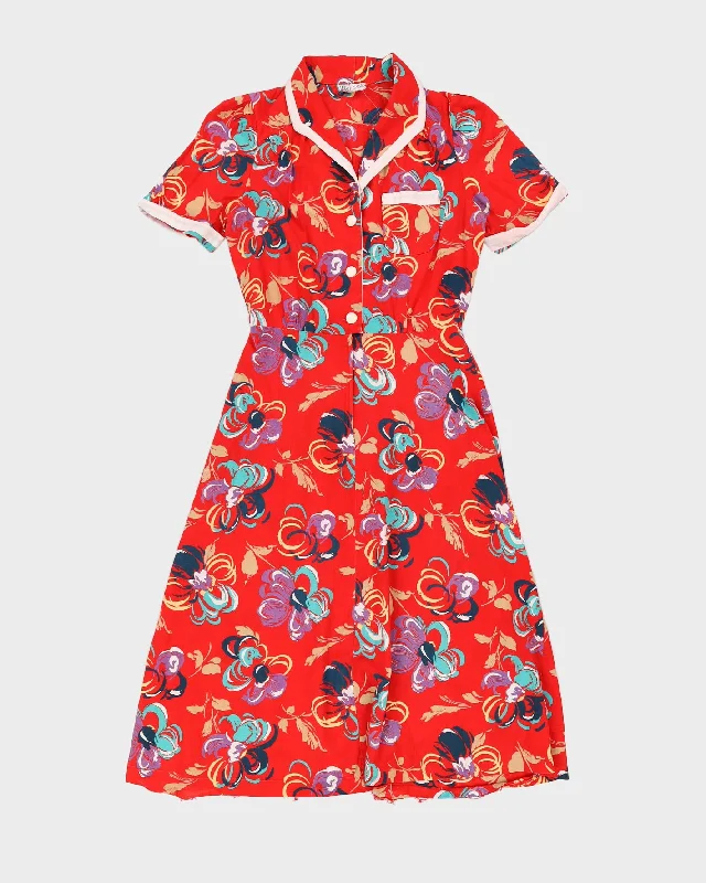 1990s Red Patterned Tea Dress - S