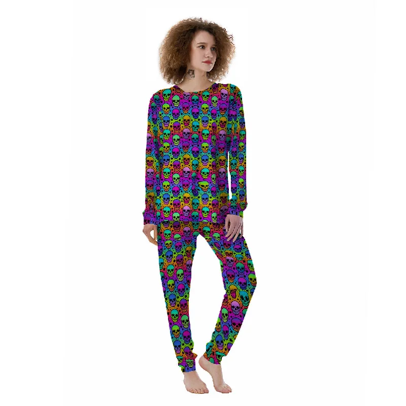 Neon Bright Human Skulls Print Pattern Women's Pajamas