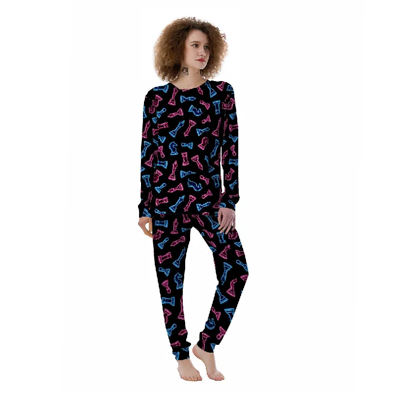 Neon Chess Pieces Print Pattern Women's Pajamas