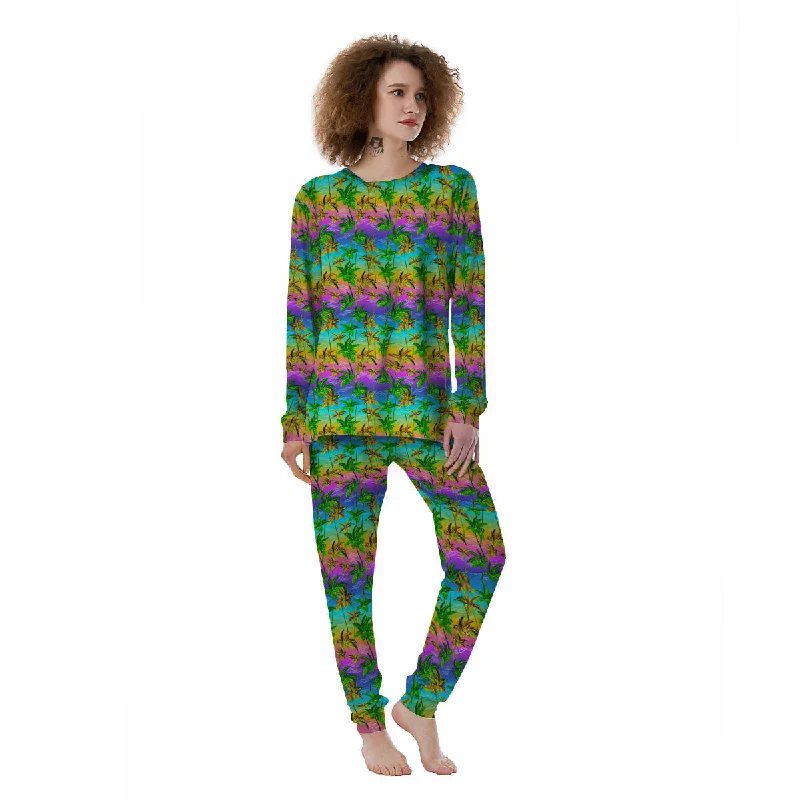 Neon Palm Tree Print Pattern Women's Pajamas