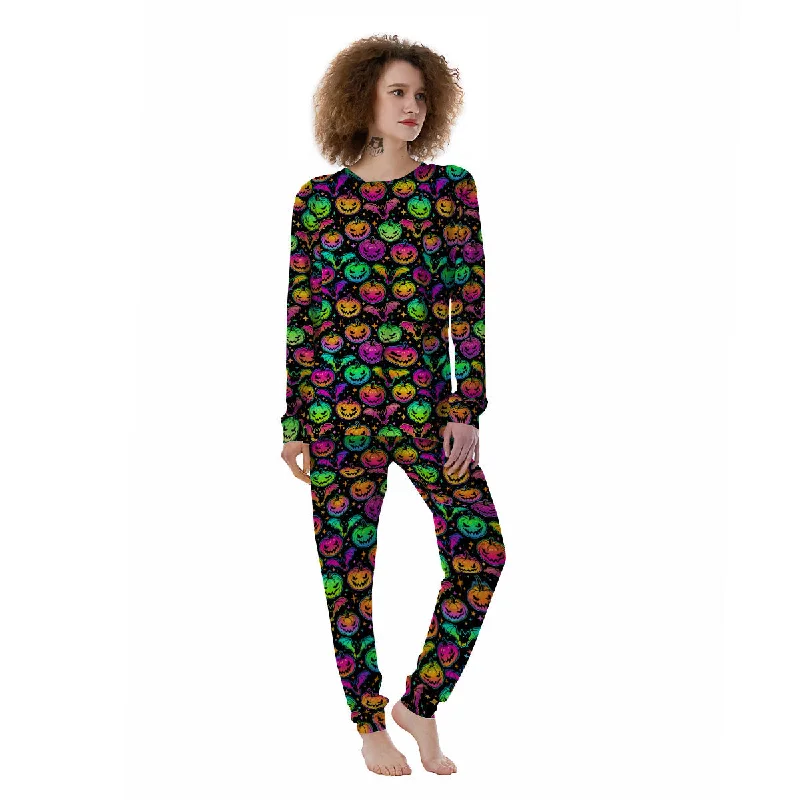 Neon Pumpkins And Bat Halloween Print Pattern Women's Pajamas