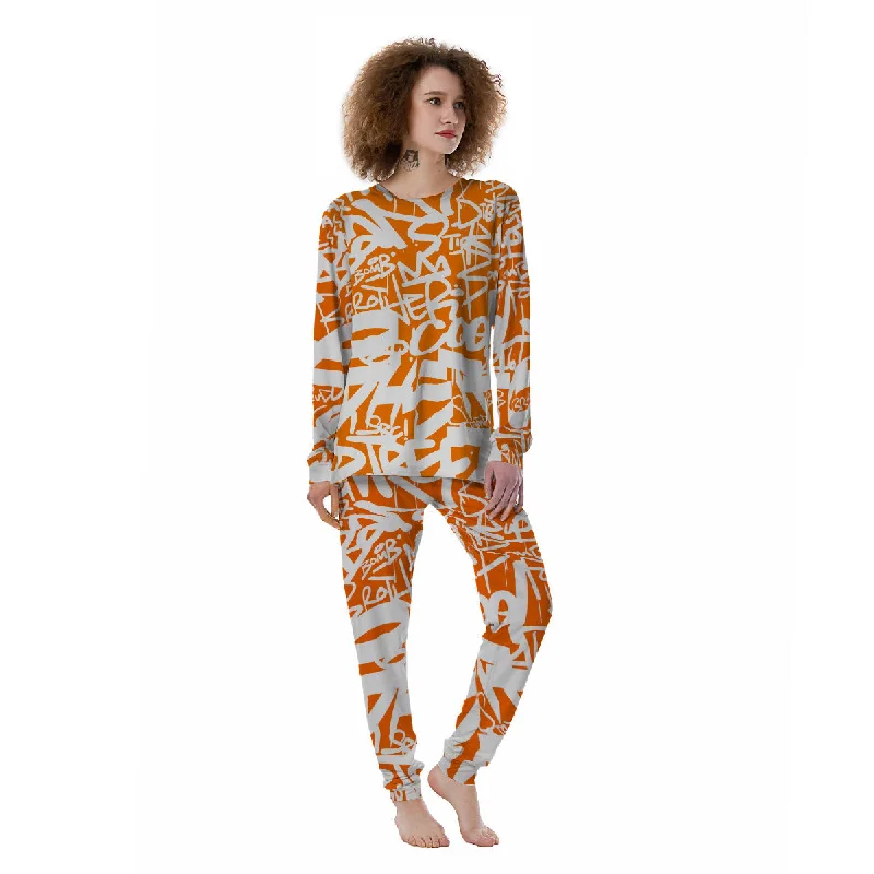 Orange Urban Graffiti Text Print Pattern Women's Pajamas