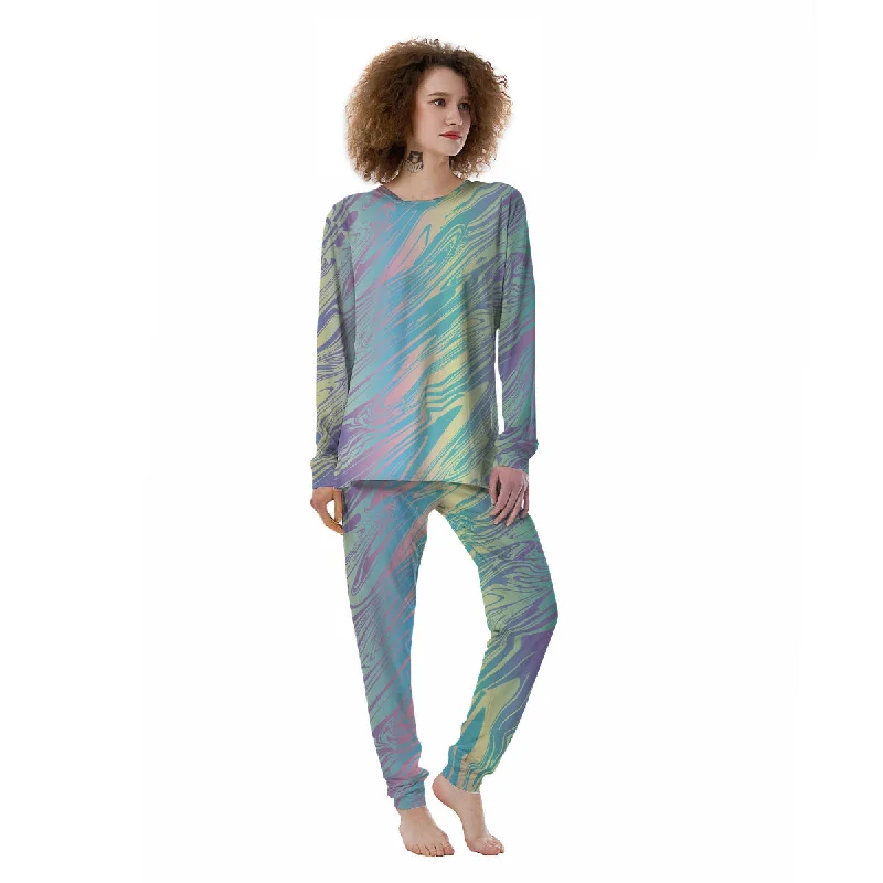 Pastel Liquid Marble Holographic Print Women's Pajamas