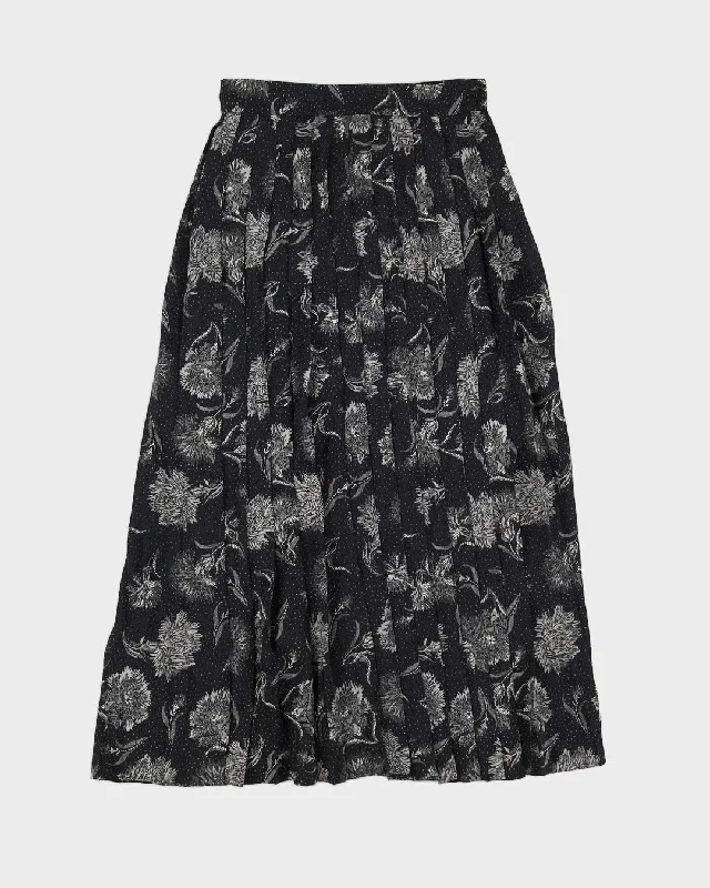 Vintage 90s Braemar Black Floral Pleated Skirt - S