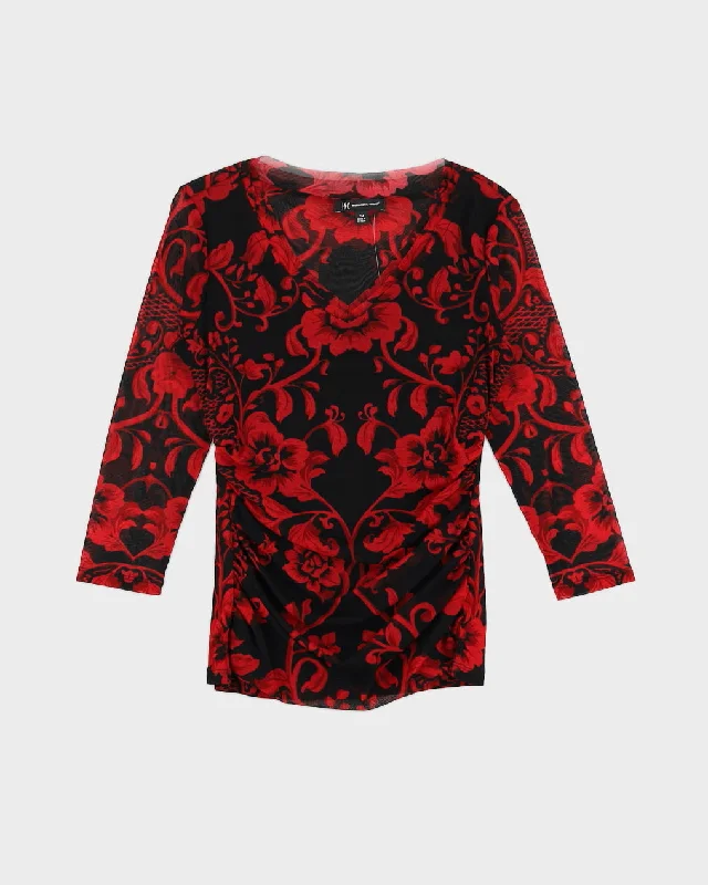 Y2K 00s INC Red Floral Ruched Side Mesh Top - M