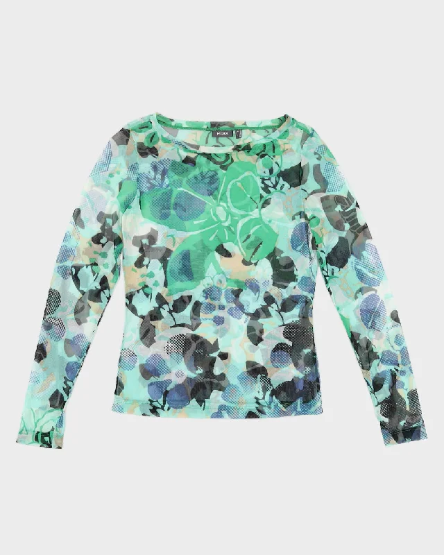 Y2K 00s Mexx Blue & Green Floral Mesh Top - S/M