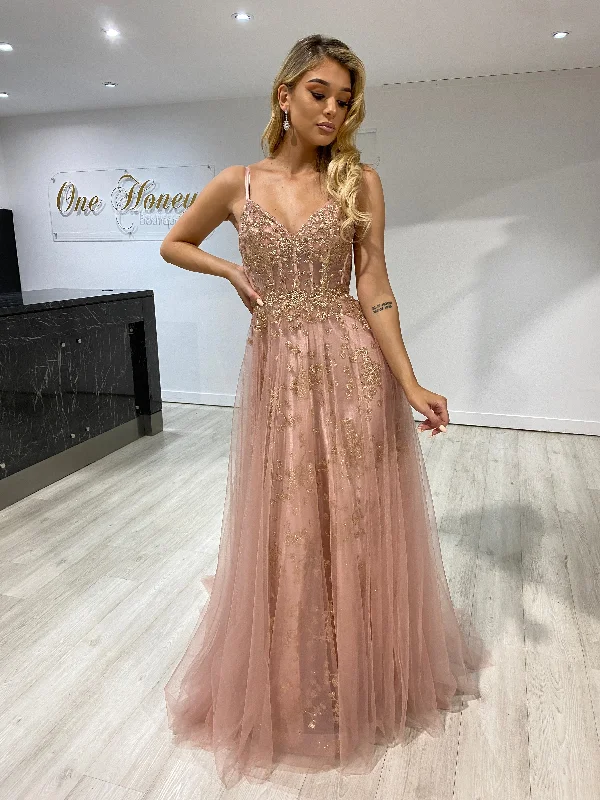 Honey Couture NORA Rose Gold Tulle Glitter Corset Formal Dress