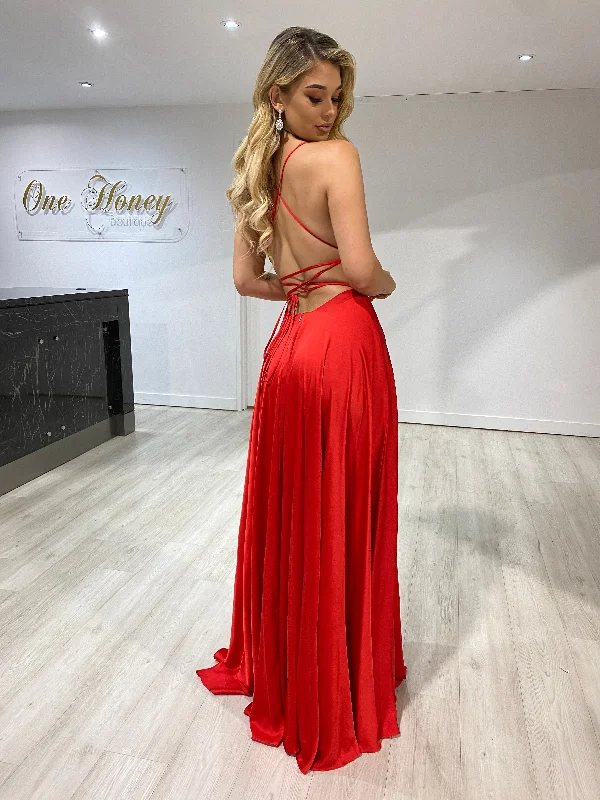 Honey Couture PERRY Red Lace Up Silky Formal Gown Dress