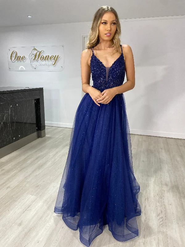 Honey Couture REAGAN Blue Beaded Crystal Tulle Ball Gown Formal Dress