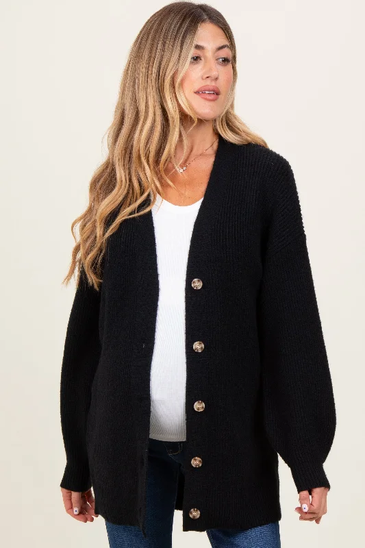 Black Knit Oversized Button Down V-Neck Maternity Cardigan