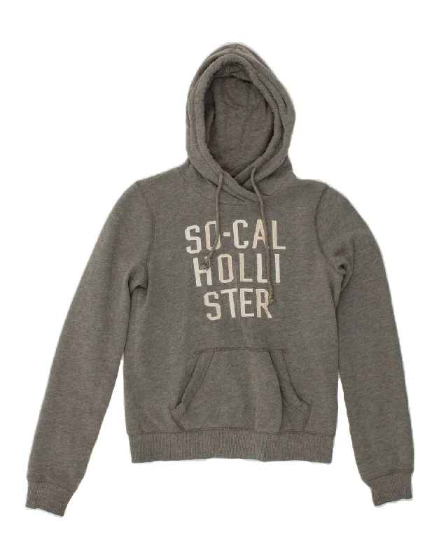 HOLLISTER Womens Graphic Hoodie Jumper UK 6 XS Grey Cotton