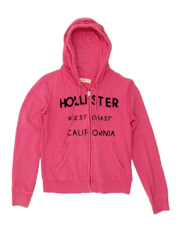 HOLLISTER Womens Graphic Zip Hoodie Sweater UK 10 Small Pink Cotton