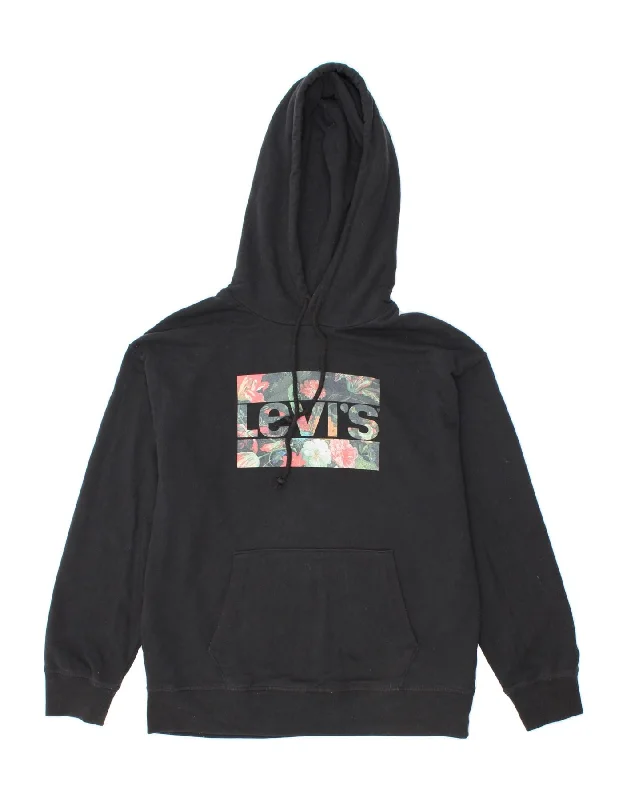 LEVI'S Womens Graphic Hoodie Jumper UK 14 Medium Black Cotton