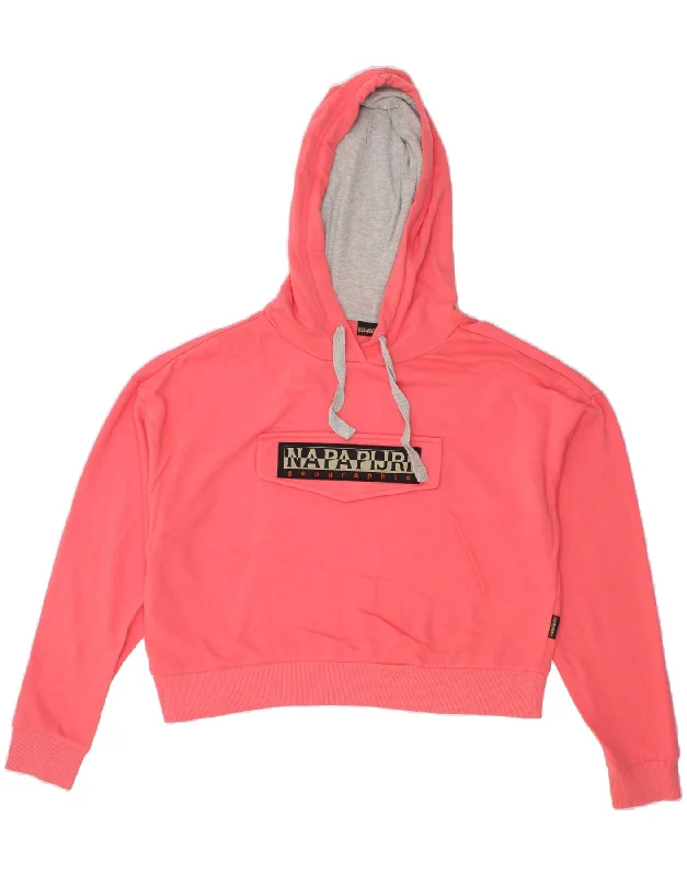 NAPAPIJRI Womens Crop Graphic Hoodie Jumper UK 16 Large Pink Cotton