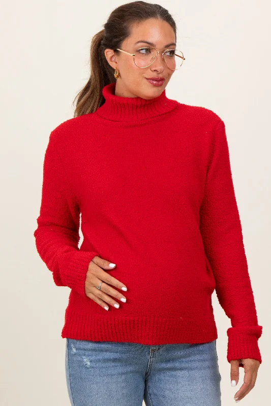 Red Turtleneck Chenille Knit Maternity Sweater