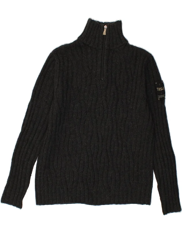 TRUSSARDI Womens Zip Neck Jumper Sweater UK 14 Large Black Wool