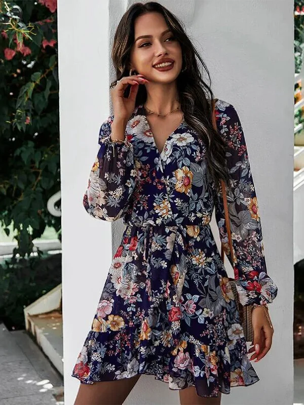 Floral Printed Long Sleeve V Neck Mini Dress