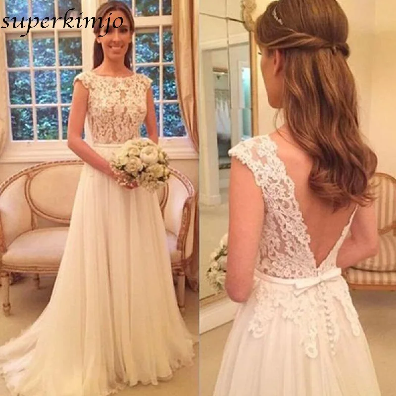 cap sleeve white wedding dresses 2020 lace appliqué elegant cheap bridal dress vestido de novia