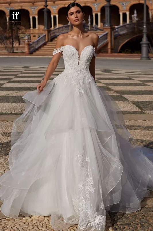 71146 - Modern Strapless Deep V-Neck Appliques Tulle Beach Wedding Dress