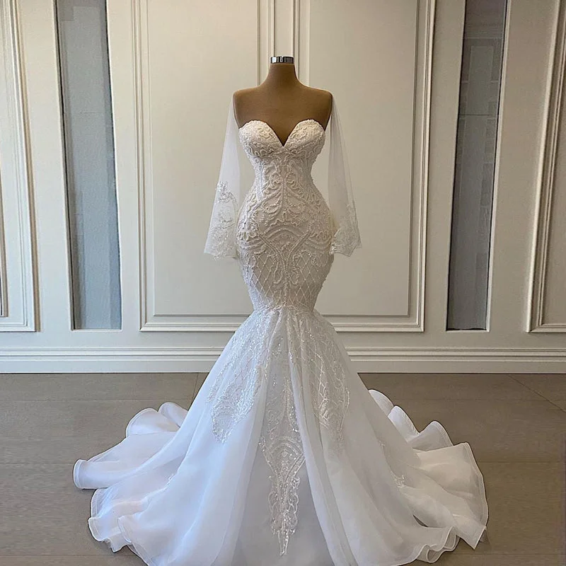 Illusion O-neck Flare Sleeve Mermaid Beaded Wedding Dress Custom Made Embroidered Bridal Gown