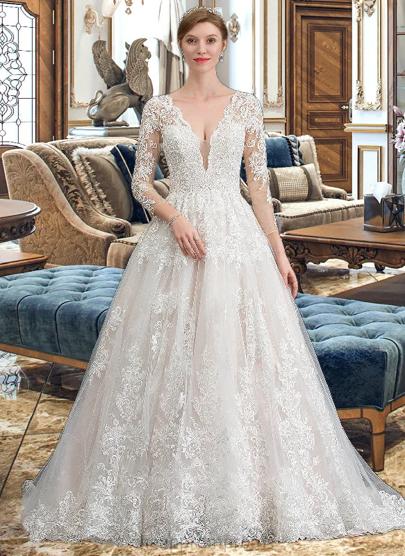 Meadow Ball-Gown/Princess V-neck Chapel Train Tulle Wedding Dress STIP0013735