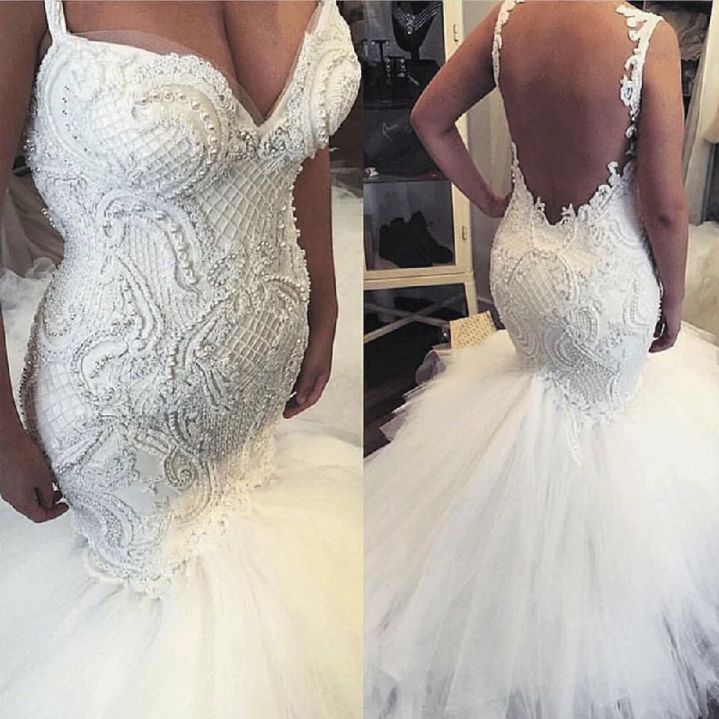 mermaid wedding dresses 2020 luxury lace appliqué beaded peals backless wedding gown bridal dress