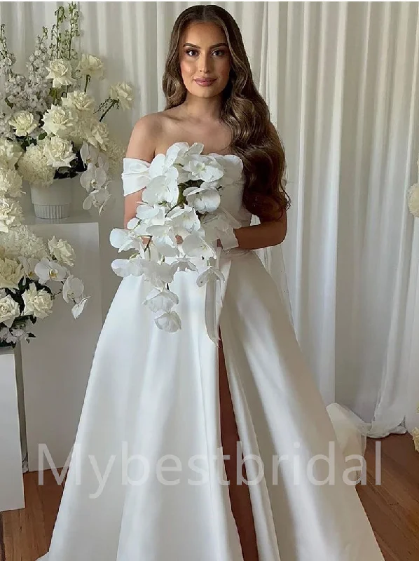 Simple Off-shoulder Side slit A-line Wedding Dresses, WDY0217