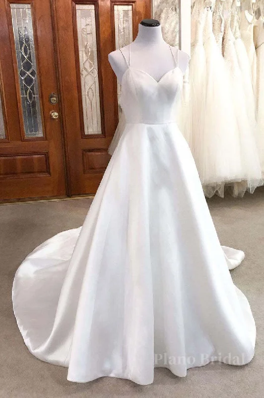 Simple white v neck satin long wedding dress white bridal dress