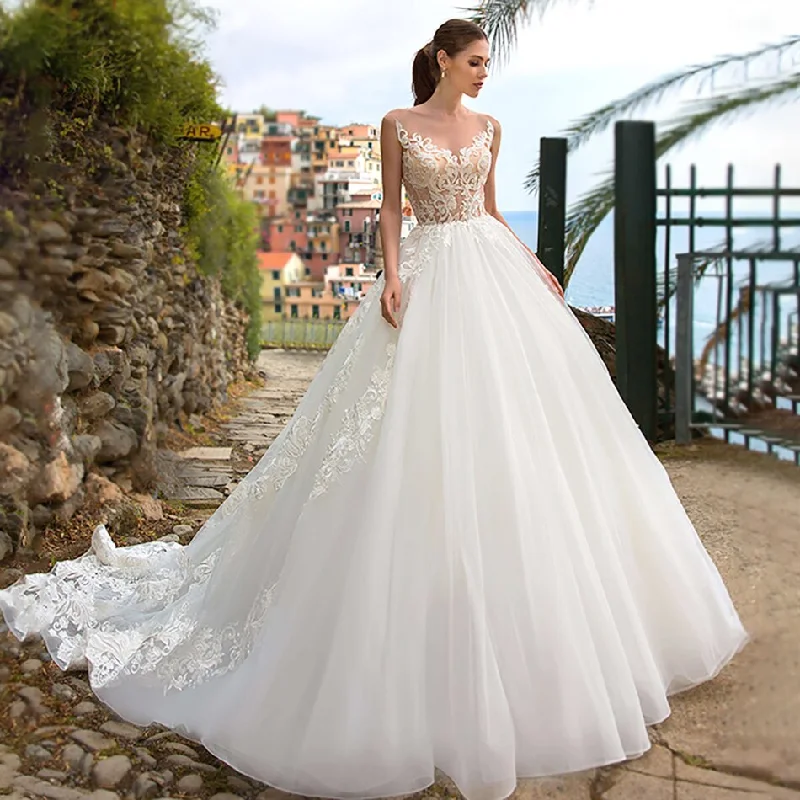 VLLUSISA Illusion A Line Wedding Dress O-neck Sleeveless Beach Lace Appliqued Bridal Gown