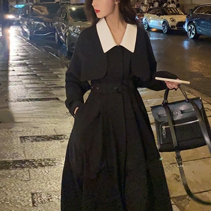 Back to College Elegant Black Midi Shirt Dress Women Gothic One Piece Dress Korean Fashion Y2k Vintage Trench Dress Office Lady Autumn  Chic