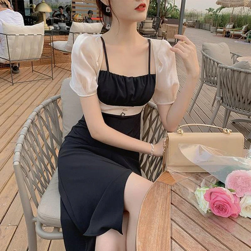 Back to College French Vintage Midi Dress Women Casual Short Sleeve Design Elegant Sexy Dress Office Lady One Piece Dress Korean  Summer