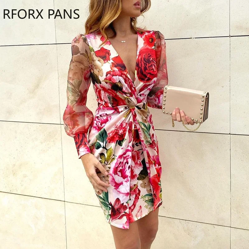 Back to College Mesh Floral Print Twisted Waist Midi Dress Elegant Night Out Bodycon Party Dress