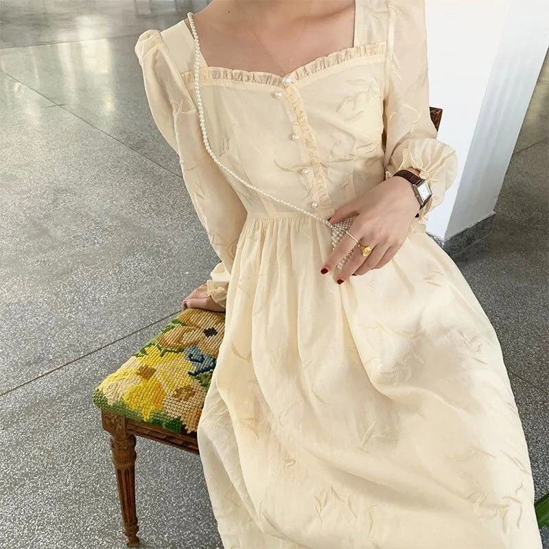 Back to College Midi Dress Women French Elegant Vintage Square Collar Long Puff Sleeve Party Chic Retro Dress Korean  Autumn Clothing