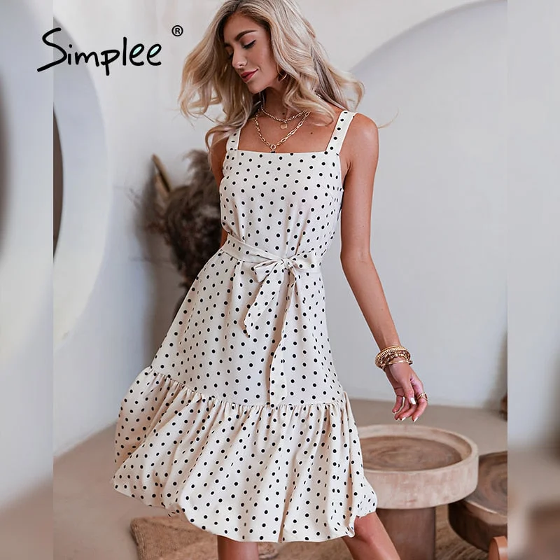 Back to College Simplee Casual Polka Dot Spaghetti Strap Women Dress Summer Summer midi Sleeveless Vestidos  Elegant lace-up ladies dresses