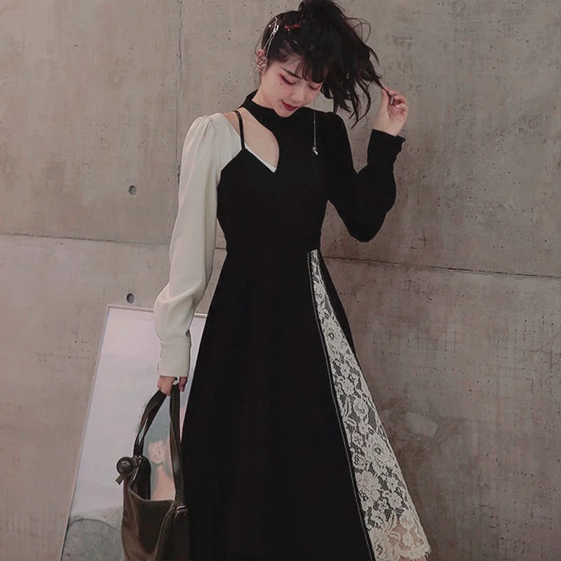 Back to College  Spring Design One Piece Dress Korea Casual Long Sleeve Lace Elegant Vintage Dress Women Fake Two Piece Sweet Midi Dress Y2k