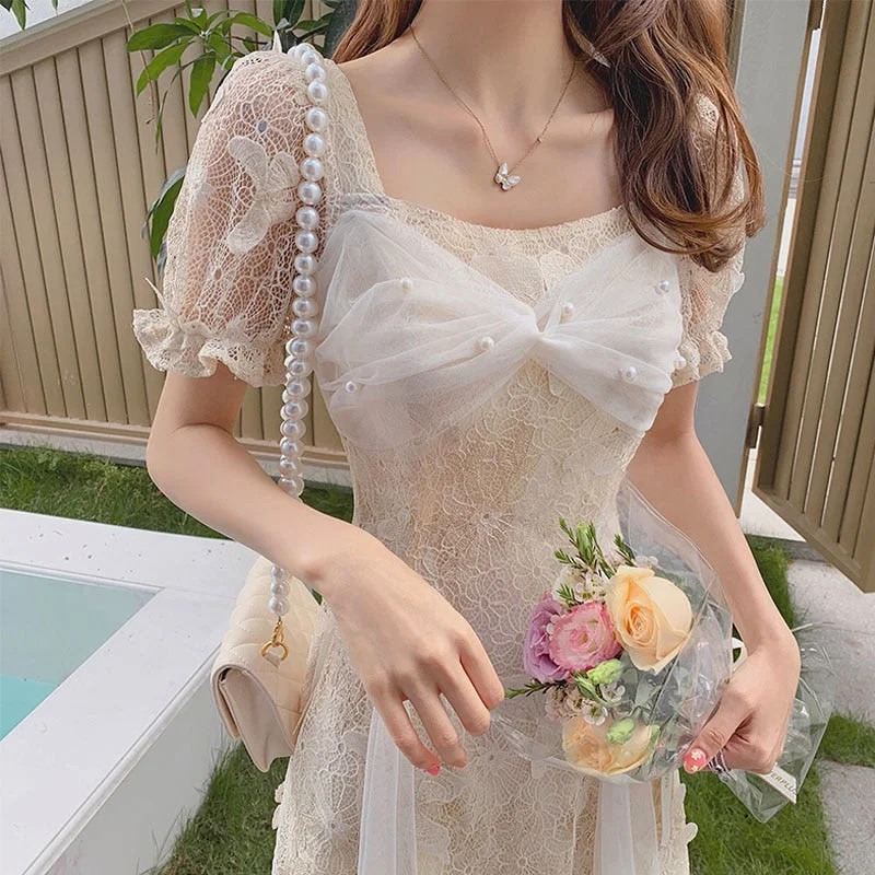 Back to College  Summer Lace Elegant Dresses Women Square Collar Short Sleeve Vintage Midi Dress Female Party One Piece Dress Korean Sexy