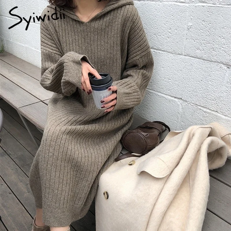 Back to College Syiwidii Knitting Dresses for Women Fall Winter  New Elegant Loose Long Sleeve A Line Hooded Sweater Midi Dress Black Gray