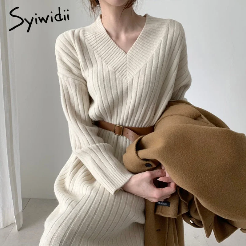 Back to College Syiwidii Midi Sweater Dresses Women Autumn Winter  V Neck Long Sleeve Warm Elegant Long Casual Loose Ladies Harajuku Dress