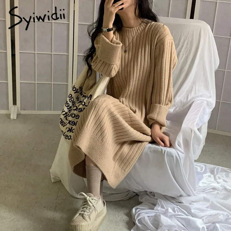 Back to College Syiwidii Ribbed Knitted Midi Dresses for Women Autumn Winter  New Pullovers O-Neck Long Sleeve A Line Korean Sweater Dress