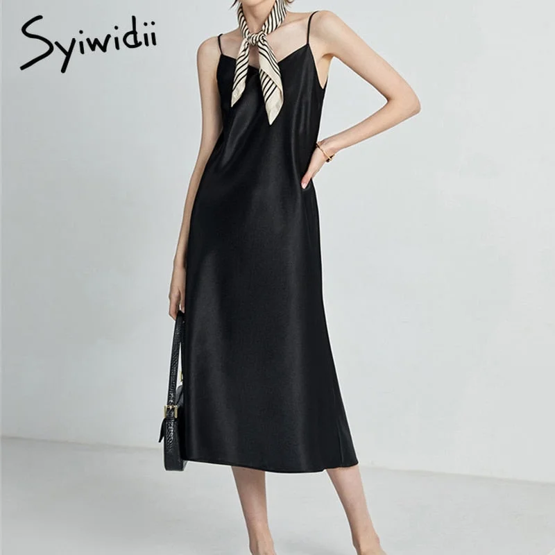 Back to College Syiwidii Silk Dress for Women Satin Summer Black Party Sleeveless Trumpet  Mermaid Evening Midi Spaghetti Strap  Fashion New