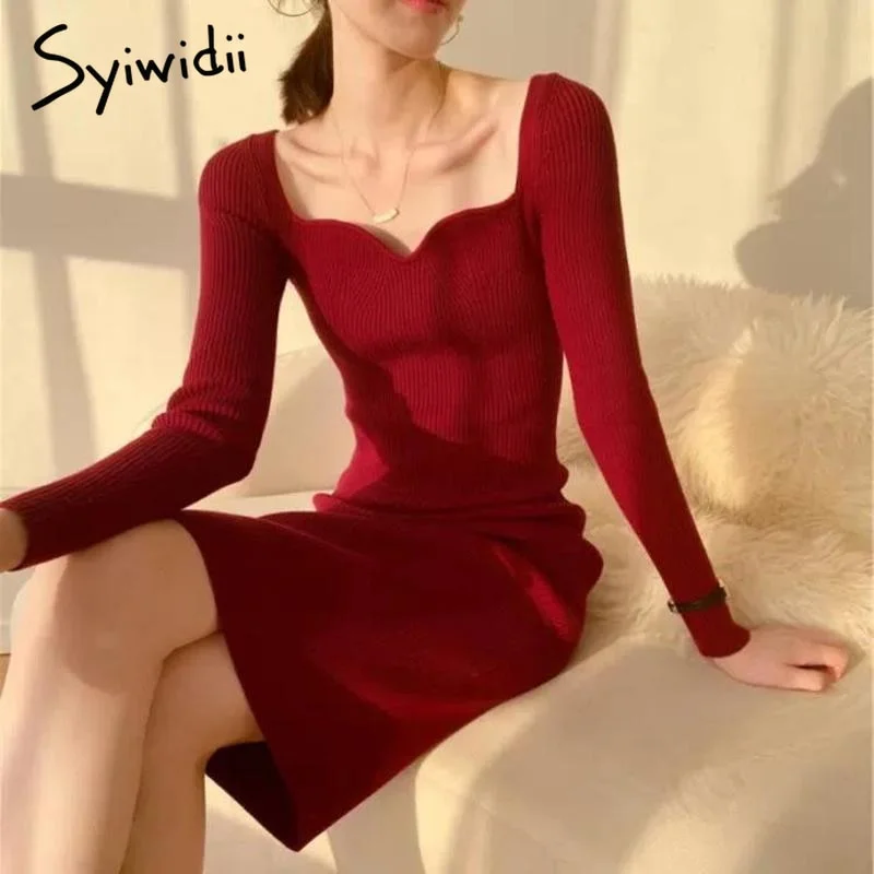 Back to College Syiwidii Vintage Bandage Dress Woman Long Sleeve Sexy Square Collar Formal Midi Long Office Sweater Dresses Beige Black Burgundy