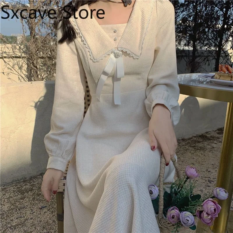 Back to College White Midi Dress Women Casual Long Sleeve Elegant Vintage One Piece Dress Korean  Autumn Outdoor Design Kawaii Clothing Chic