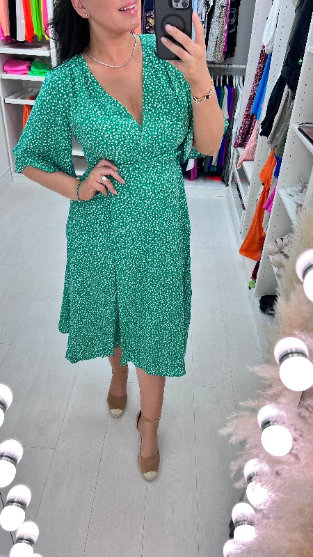 Evset Emerald Ditsy Print Wrap Midi Dress