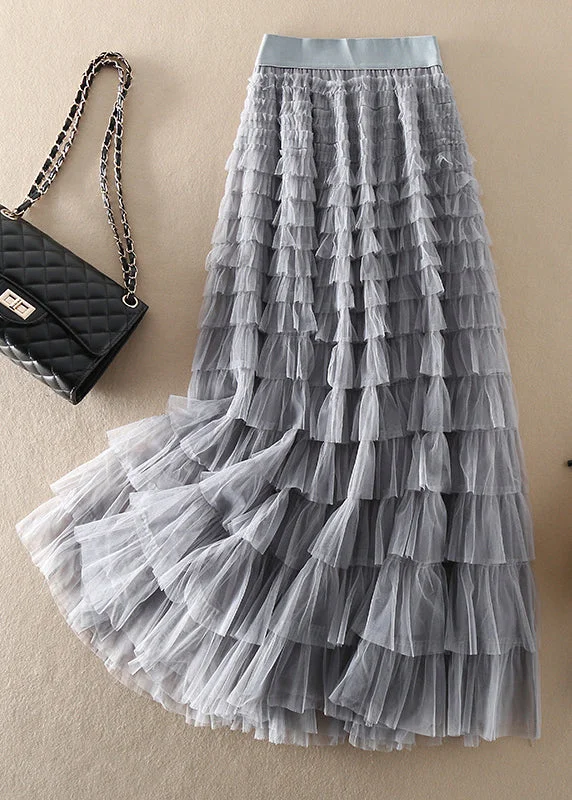 Loose Grey elastic waist Patchwork Tulle Skirt Spring