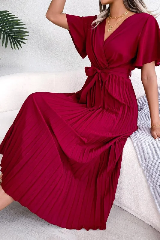 WOMEN CAPE SLEEVE TIED WAIST PLEATED LONG DRESS