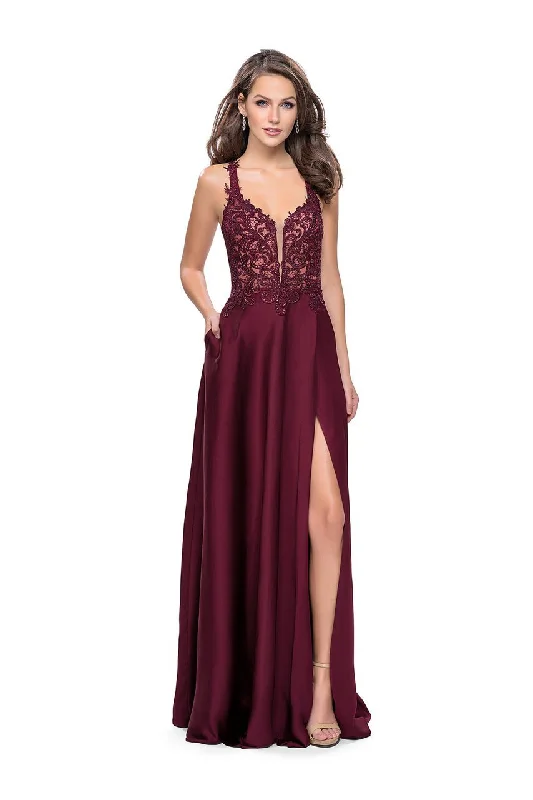 La Femme - 26124 Embroidered Lace V-neck Satin A-line Gown