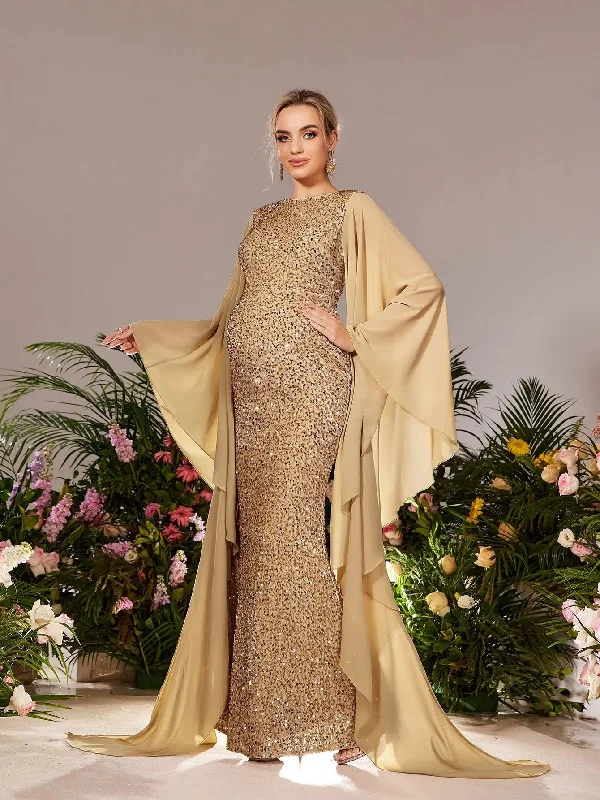 Maternity Flowing Sleeves Mermaid Hem Sequin Evening Dress