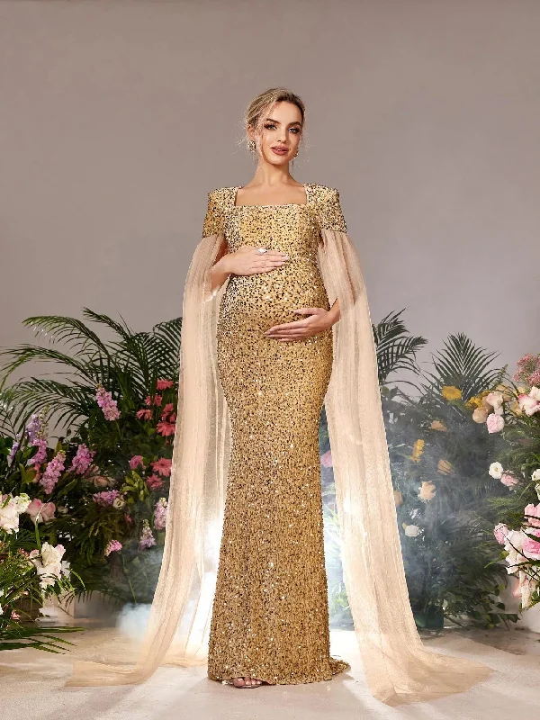 Maternity Square Neck Cape Sleeves Mermaid Hem Sequin Evening Dress