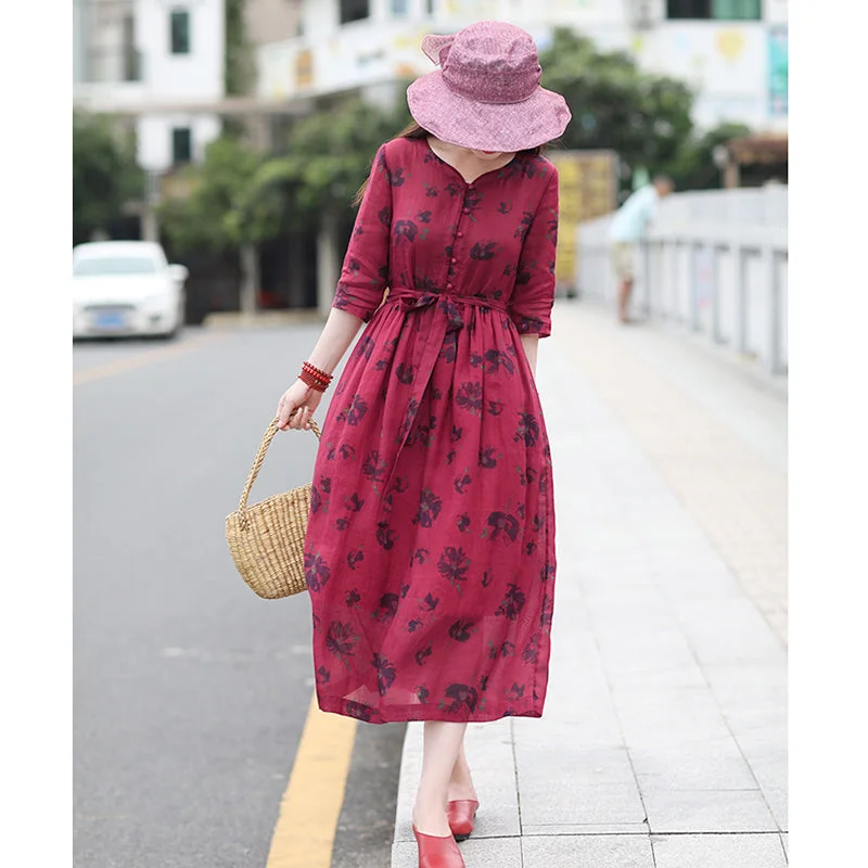 Red Floral 100% Linen Spring Summer Women Dresses  SMM96202