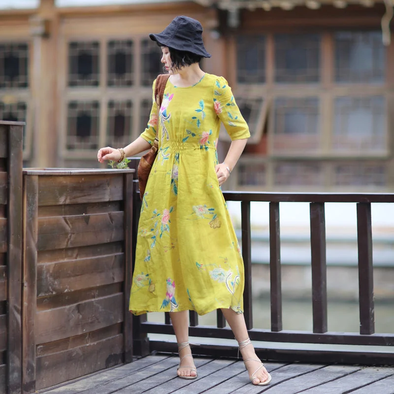 Floral Linen Women Dresses Spring Summer Women Dresses WaistBelt /61811